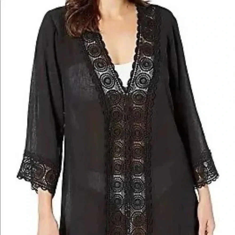 La Blanca Swim Cover Up One Size Black Crochet Trim VNeck Long Sleeve Boho Beach